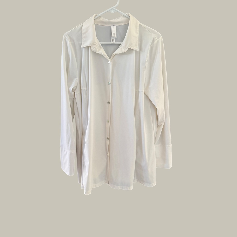 MarlaWynne Off White Long Sleeve Button Down Pleated Back Tunic Blouse Large